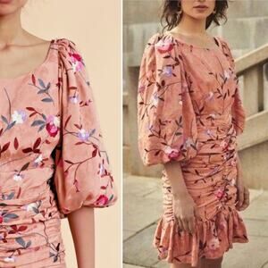 By Timo 3/4 Sleeve Ruched Jacquard Embroidered Floral Dress Blush Pink L NWT